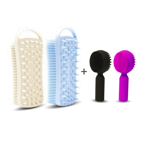 MtBoi 2 PC Silicone Bath Body Brushes, Soft Silicone Loofah and 2 PC Silicone Facial Cleansing Brush, Facial Scrubber