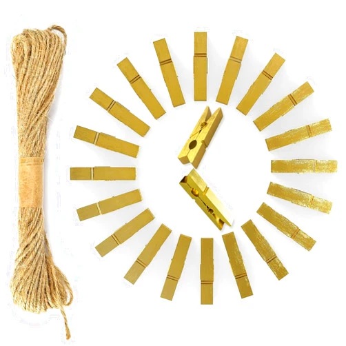 GOMTYEA Mini Gold Clothespins - 50pcs Small Natural Wood Clothes Pin with Jute Twine for Photos Display,Gift Wrapping, Hanging Pictures Paper, Clothes Pins,Small Clips for Home School Arts Crafts