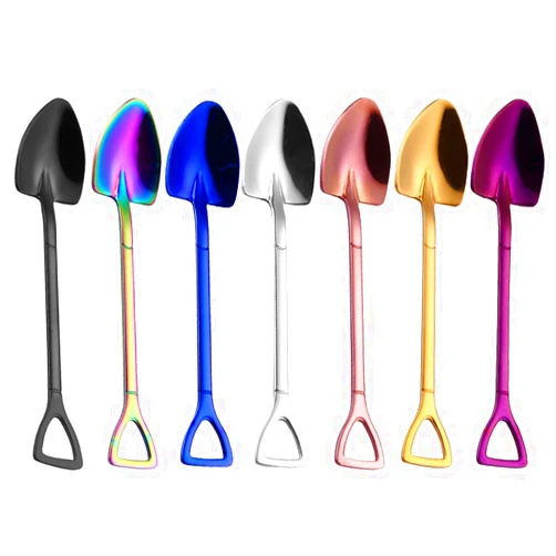 Rolin Roly 7Pcs Colourful Shovel Spoons Coffee Teaspoons Stainless Steel Dessert Spoon Set Rainbow Dinner Spoons Cute Demitasse Scoop for Stirring Drink Mixing Milkshake Jam
