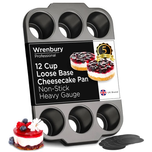 Wrenbury Pro Mini Cheesecake Pans Removable Bottom 12 Hole - Heavy Gauge Carbon Steel Muffin Cupcake Pan Loose Bottom Springform for Baking - 3 Inch Individual Cheesecakes Tin - PFOA Free