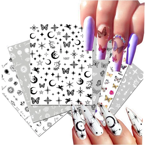 AIDVPOD Metallic Nail Sticker 3D Self-Adhesive Nail Decals Black White Butterfly Star Moon Line Nail Design Stickers Constellation Decals DIY Nail Tips Decorations Manicure for Women Girls 6Sheets
