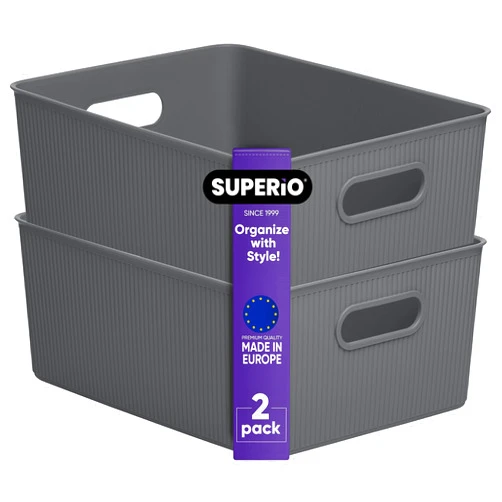 Superio Ribbed Collection - Decorative Plastic Open Home Storage Bins Organizer Baskets, Large Grey (2 Pack) Container Boxes for Organizing Closet Shelves Drawer Shelf 15 Liter/16 Quart