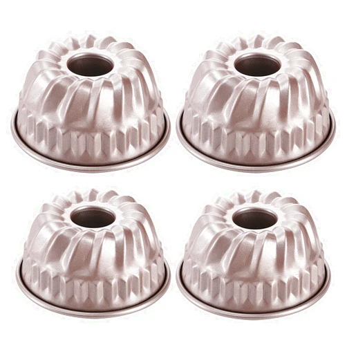 Kingrol 4 Pack Mini Fluted Cake Pans, 4 Inch Non-Stick Bakeware Set for Angel Food Cake, Kugelhopf, Brownie (Champagne Gold)