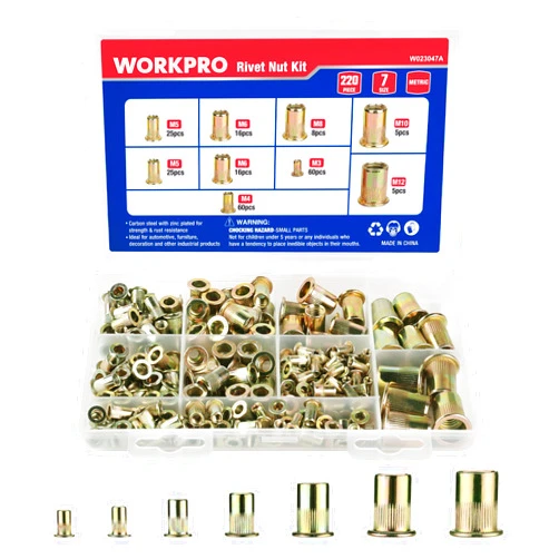 WORKPRO 220Pcs Metric Rivet Nuts, Zinc Plated Carbon Steel Flat Head Threaded Insert Nut with Knurled Body, Include Storage Case, 7 Sizes Rivnuts Assortment Kit-M3, M4, M5, M6, M8, M10, M12