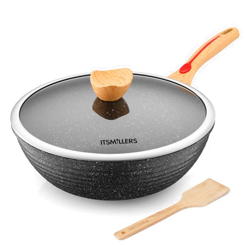 ITSMILLERS Nonstick Wok Aluminium Die-casting Chinese Wok, Scratch Resistant With Lid and Spatula, PFOA-Free, Dishwasher Safe & Induction Bottom,12.5 Inch,6L,Large Capacity