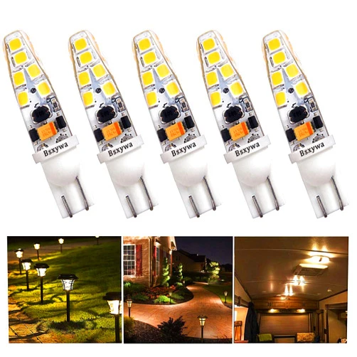 Bsxywa T5 T10 921 194 Wedge Base Landscape 12volt LED Waterproof Light Bulb, 25W Equivalent 3Watt, Warm White 2700K-3000K for Outdoor Landscape RV Camper Marine Boat Walkway Lawn Lighting. 5-Pack
