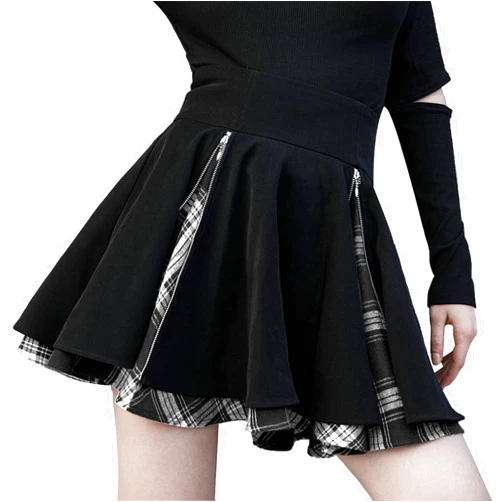 Kisidoo Gothic Skirts Cute High Elastic Waisted Plaid Kilts for Women Trendy Hem Flared Knee Length Mini Skater Skirt