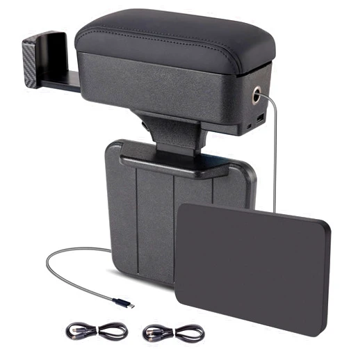 RUPSE Universal Car Armrest Storage Box with Cup Holder, USB/Type-C Ports, Adjustable Wrist Support,Center Console Organizer for Most Vehicles