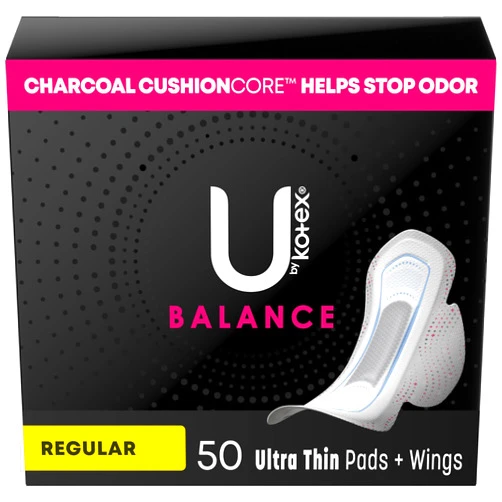 U by Kotex Balance Ultra Thin Pads with Wings, Regular Absorbency, 50 Count (Packaging May Vary)