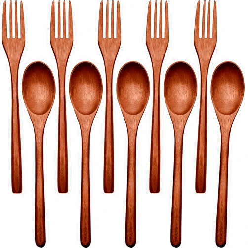 Patelai New Wooden Spoons Forks Set Including Wooden Spoons and Wooden Forks Japanese Wooden Utensil Set Reusable Handmade Natural Wood Flatware Set for Cooking Stirring Eating (10)