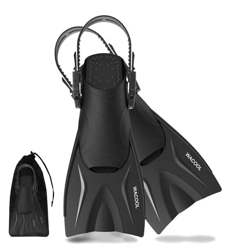 WACOOL Adult Short Light Adjustable Travel Size Fins Short Blade Fins Flippers for Snorkeling Diving Scuba Swimming Training (Black,L-XL)