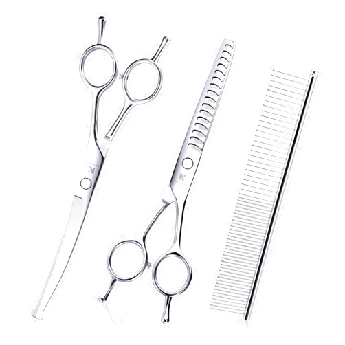 K KaCaKaCa Dog Grooming Scissors with Safety Rounded Tips, Professional 4 in 1 Pet Grooming Scissors Kit with Curved Dog Scissors for Grooming, Chunker Shears and Comb for Dogs, Cats and Pets