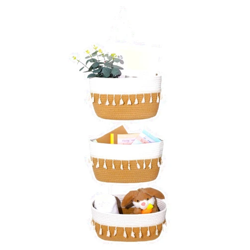 Gyryp Over The Door Hanging Baskets, 3-Tier Cotton Wall Mounted Storage Organizer Bag, Wall Storage Hanging Baskets For Organizing Toy Storage, Home Decor (tassels)