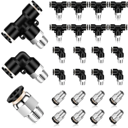 Zhengmy 24 Pcs Push to Connect Tube Fittings 1/4 Inch OD x 1/8 NPT Pneumatic Kit Male Thread Straight Quick Release Connectors Air Connectors, 8 Straight, Elbow, Brunch Tee