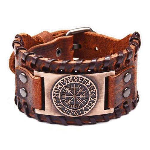 Thajaling Brown Viking Bracelet - Adjustable Cuff Bangle Wristband with Vegvisir Compass Norse Amulet - Celtic Pagan Jewelry of Talisman
