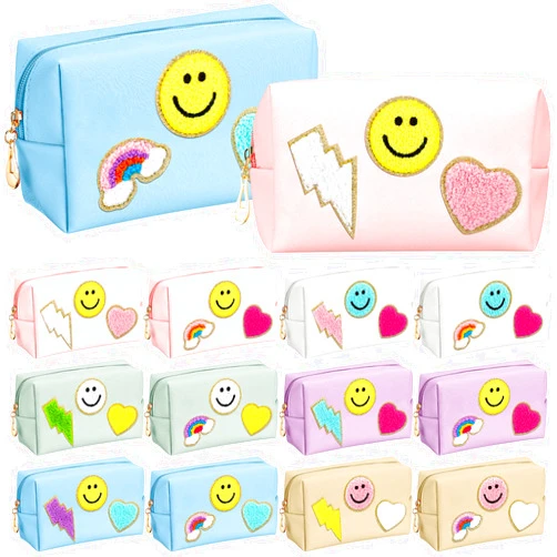 Sanwuta 12 Pcs Preppy Patch Makeup Bag Chenille Letters Cosmetic Bag Pu Leather Preppy Organizer Small Smile Lightning Heart Toiletry Pouch Portable Waterproof Storage Purse Pouch for Women Adults