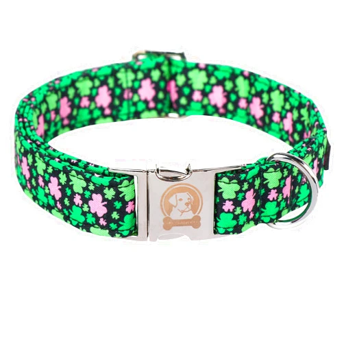 MR.CHUBBYFACE MR. CHUBBYFACE St.Patrick's Day Clover Dog Collar,Pink Green Clovers Adjustable Dog Collar for Small Medium Large Male&Famale Dogs,L