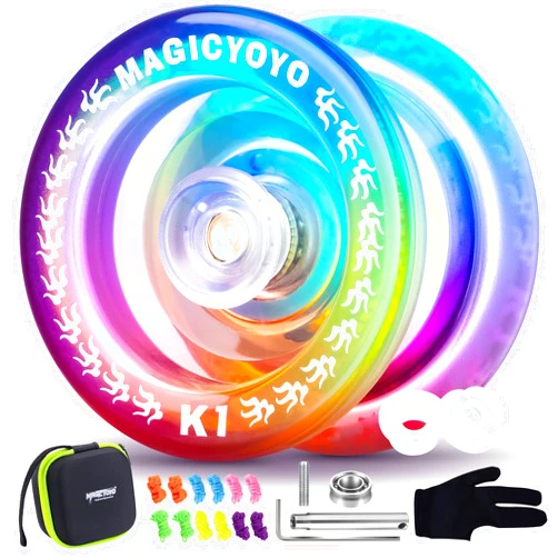 MAGICYOYO Responsive YoYo K1-Plus for Kids Beginners, Dual Purpose Yoyo with Unresponsive Bearing Kit + Square Yoyo Storage Bag + 12 Yoyo Strings and Yo-Yo Glove Gift (Blue Pink Yellow)