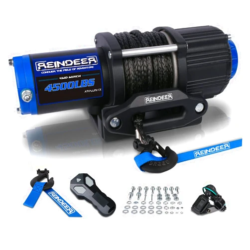 REINDEER New 12V Winch 4500 lb Load Capacity Electric Winch Kit Synthetic Rope with Hawse Fairlead Waterproof IP67 with Wireless Remotes for 4X4 Side by Side 4 Wheeler ATV UTV Rescue Recovery