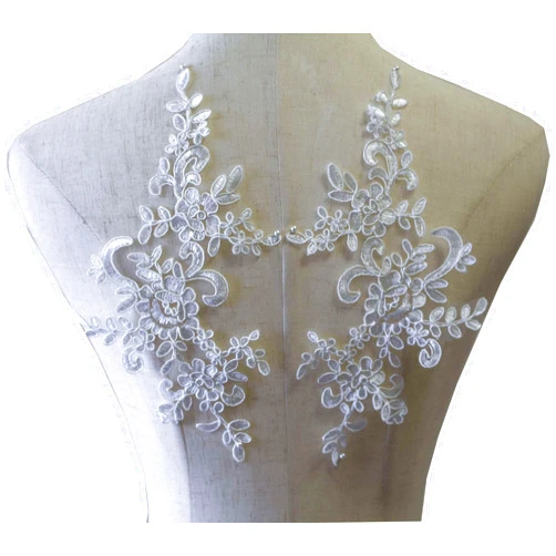 LITTLE PANDADA 1 Pair Corded Lace Applique Flower Embroidery Off White Lace Motif Sewing on Wedding Dress Accessories DIY Applique Off White