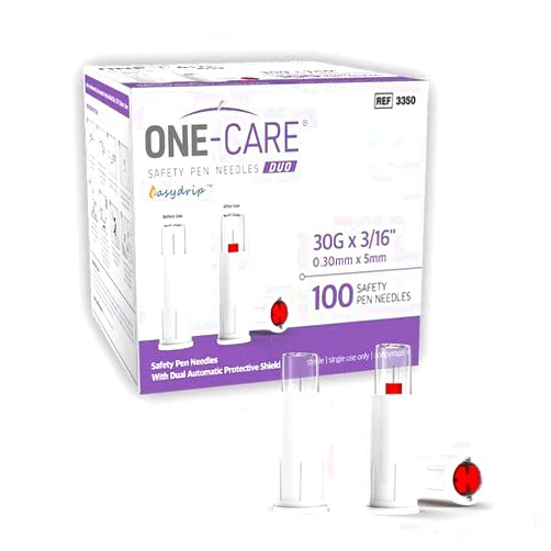 ONE-CARE Duo Safety Pen Tips 30G x 3/16’’ (5mm), Dual Shield Protection, Universal Fit, Sterile, 100/bx