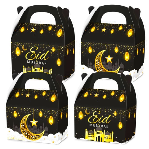 TaoBary 24 Pack Ramadan Treat Boxes Eid Mubarak Gift Boxes Mosque Star Moon Lantern Eid Party Favor Boxes with Handle Bulk Ramadan Goodie Candy Box for Eid Al Fitr Packages Supplies (Black Gold)