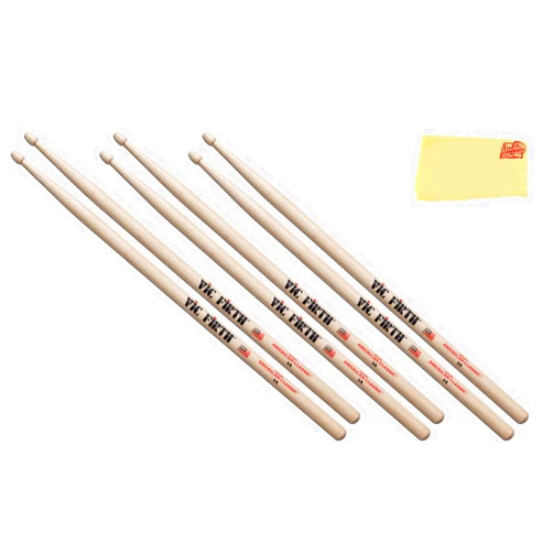 Vic Firth American Classic 5A Wood-Tipped Drumsticks - 3 Pack with Austin Bazaar Polishing Cloth