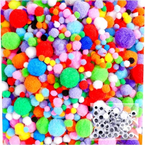 Caydo 1400PCS 5 Sizes Multicolor Pom Poms Assorted Pompoms Balls with 4 Sizes Wiggle Eyes for Kids Creative DIY, Crafts Projects Making and Valentine's Day Decorations