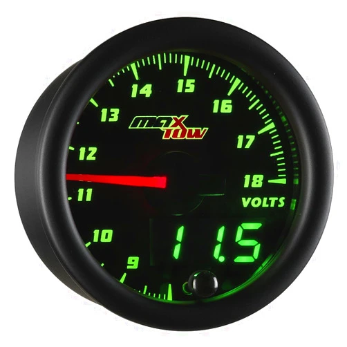 MaxTow Double Vision Volt Voltmeter Gauge - Voltage Range 8-18 Volts - Black Gauge Face - Green LED Illuminated Dial - Analog & Digital Readouts - for Trucks - 2-1/16