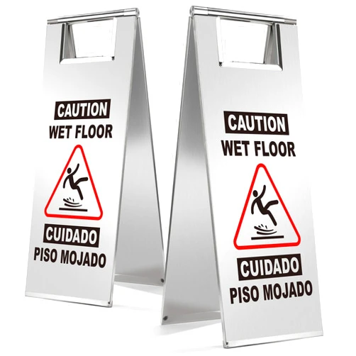 XPCARE Stainless Steel Wet Floor Sign, 2PCS Silver Caution Wet Floor Sign Double Sided Portable Foldable Handle Bilingual Warning Signs,for Restaurant Restroom Office