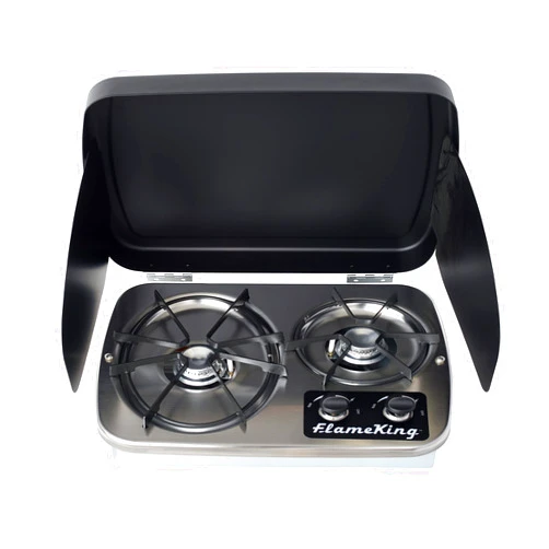 Flame King YSNHT600 2-Burner Built-in RV Cooktop Propane Stove, 7200 and 5200 BTU Burners, Self-Igniting, Cover Included, Silver, 18.5