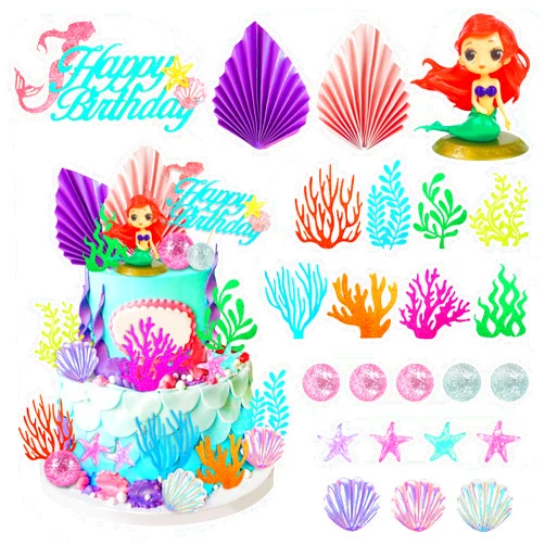 DRWATE 24PCS Mermaid Cake Topper Under the Sea Cake Topper with Ariel Model Palm Leaves Sea Animals and Balls Topper for Little Mermaid Birthday Party Decorations Mermaid Baby Shower Supplies (Purple)