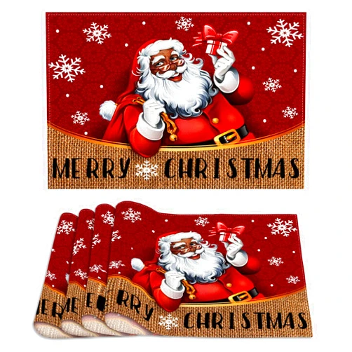 Rvsticty Linen African American Christmas Placemats Set of 4 Black Santa Christmas Table Mats Merry Christmas Decorations and Supplies for Home Table-12×18''
