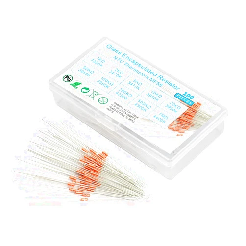 KOKISO NTC Thermistors Resistors MF58 3950B 10 Values 100 PCS Glass Sealed Temperature Sensors Assorted Kit Assortment(1KΩ, 2KΩ, 5KΩ, 10KΩ, 20KΩ, 50KΩ, 100KΩ, 200KΩ, 500KΩ, 1MΩ)