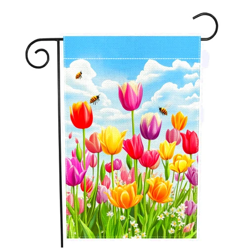 Wanpluml Spring Tulip Floral Garden Flag 12x18 Inch Double Sided Bee Colorful Flower Yard Outdoor Flag House Holiday Outside Decoration Burlap