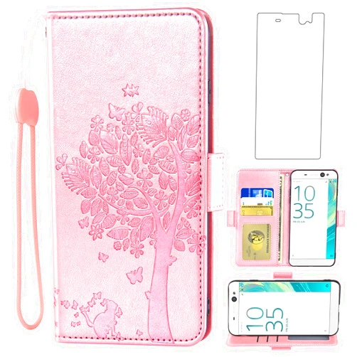 Asuwish Compatible with Sony Xperia XA Ultra Wallet Case and Tempered Glass Screen Protector Flip Purse Wrist Strap Credit Card Holder Stand Cell Phone Cover for Experia C6 F3213 F3216 Women Rosegold