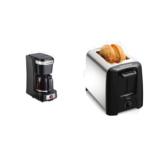 Hamilton Beach 5 Cup Compact Drip Coffee Maker, Works with Smart Plugs, Glass Carafe, Auto Pause and Pour & Stainless Steel & 2 Slice Toaster with Extra Wide Slots, Shade Selector, Auto-Shutoff