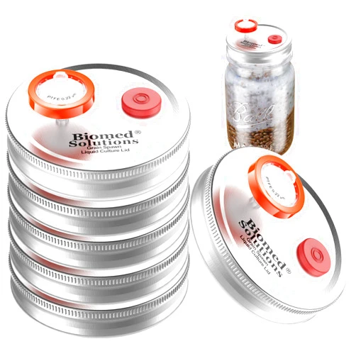 Biomed Solutions 6Pcs Wide Mouth Mushroom Liquid Culture Lid Grain Spawn Cultivation Mason Jar Lid with 0.2 micron PTFE Syringe Filter & 20mm Self Healing Injection Ports For Mushroom Growing Mycology(Silver)