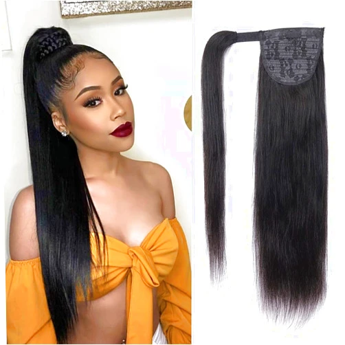 ALISFEEL Wrap Around Straight Ponytail Human Hair for Black Women Remy Straight Clip In Pony Tail 100g 10A Unprocessed Brazilian Human Hair Ponytail Extensions with Magic Paste (10 Inch)
