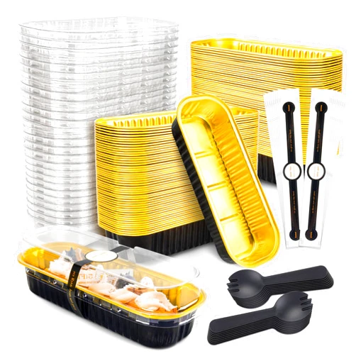 NPLUX 100 Pack Mini Cake Pans with Lids and Spoons Black Gold Rectangular Aluminum Foil Baking Pans Mini Cheesecake Containers(6.8oz)