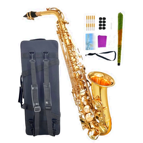 WUQIMUSC Beginner Alto Saxophone, E Flat - Complete Starter Kit with Case & 10 Reeds, for Adults & Students, Easy to Play for School Band & Practice(Gold)