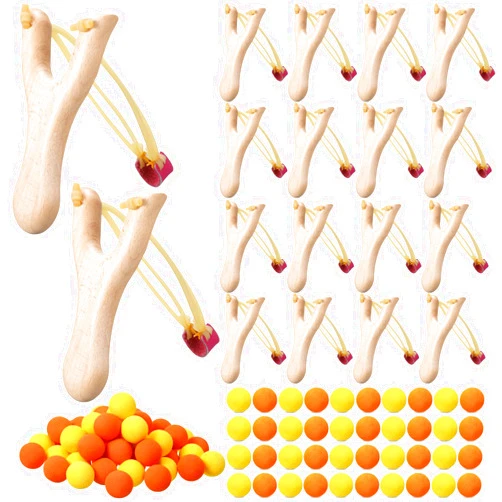 Vertintong Wooden Slingshot Toys with 100 Pcs Foam Balls Wood Hunting Slingshot with Rubber Band Fun Shooting Catapult Game for Adults Outdoor Sports Camping Hiking