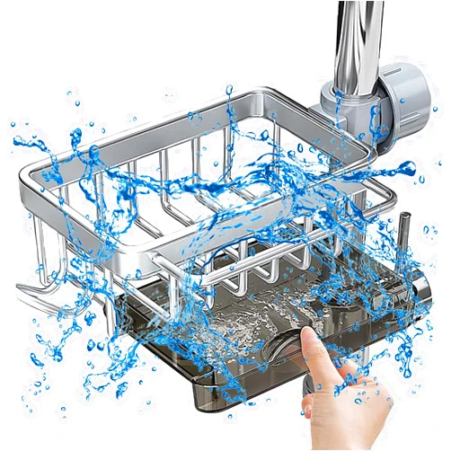 Vingtank Kitchen Sink Faucet Storage Rack, 2024 New Faucet Dishwashing Sponge Rack Kitchen, Multi-Function Storage Rack for 0.7-1.1 Inch Round Water Pipes (Silver)