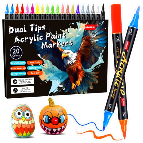 Droaful Acrylic Paint Pens Markers, 20 Colors Dual Tips Waterproof Paint Markers For Rock Painting, Fabric, Metal, Glass, Wood, Canvas, Ceramic, Plastic, Non-Toxic & Odor, Premium Art And DIY Craft Supplies