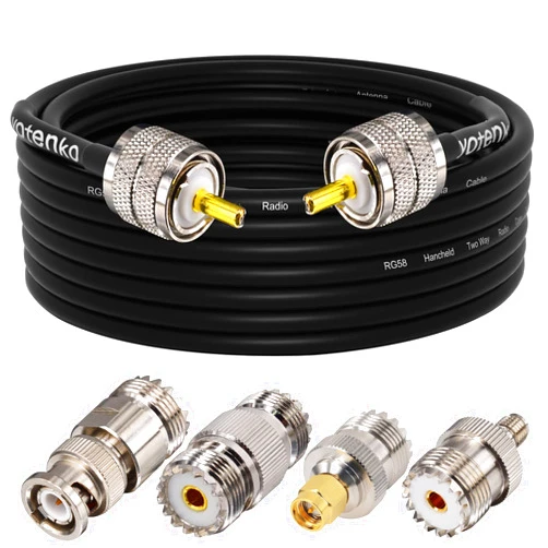 YOTENKO CB Coax Cable,RG58 Coaxial Cable 25Ft,UHF PL259 Male to Male Cable + UHF SO239 Female to SMA/UHF/BNC Adapter 4-Pack for CB Radio Antenna,Ham Radio,SWR Meter,HF Radio