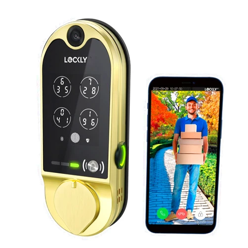 Lockly Vision Smart Lock, Camera Video Two-Way Audio 6-in-1 Keyless Entry Door Lock with Doorbell Fingerprint Door Lock with APP Control Digital Keypad Wi-Fi Deadbolt Door Locks- Brushed Gold