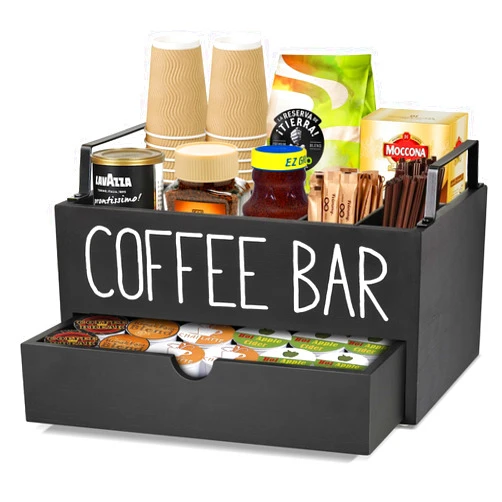 Lzhevsk Wooden Coffee Station Organizer with Drawer & Kcup Pod Holder, Farmhouse Style Coffee Bar Accessories Organizer