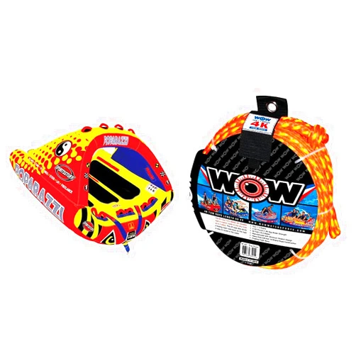 SPORTSSTUFF Poparazzi 1-3 Rider Towable Tube for Boating, Red & Wow World of Watersports 4k 60 ft. Tow Rope with Floating Foam Buoy 1 2 3 or 4 Person Tow Rope for Boating, 11-3010