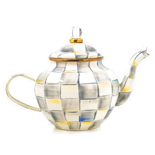 MACKENZIE-CHILDS 4-Cup Enamel Teapot, Cute Small Teapot with Lid, Gray-and-White Sterling Check