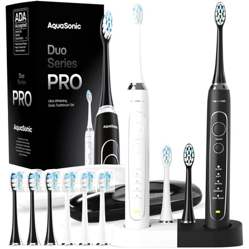 Aquasonic Duo Series PRO – Ultra-Whitening Electric Toothbrush Set – 5 Modes & Smart Timers – Premium Travel Cases & 10 Proflex Brush Heads – ADA Accepted Toothbrushes